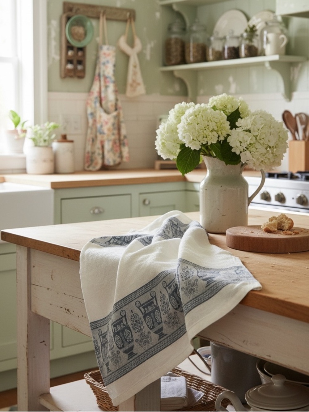 Vintage Linen White & Blue Italian Kitchen Towel